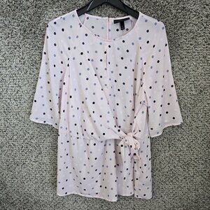 Lane Bryant Top Womens 14 Pink Polka‎ Dot Sheer Blouse Keyhole Button Tie Ladies